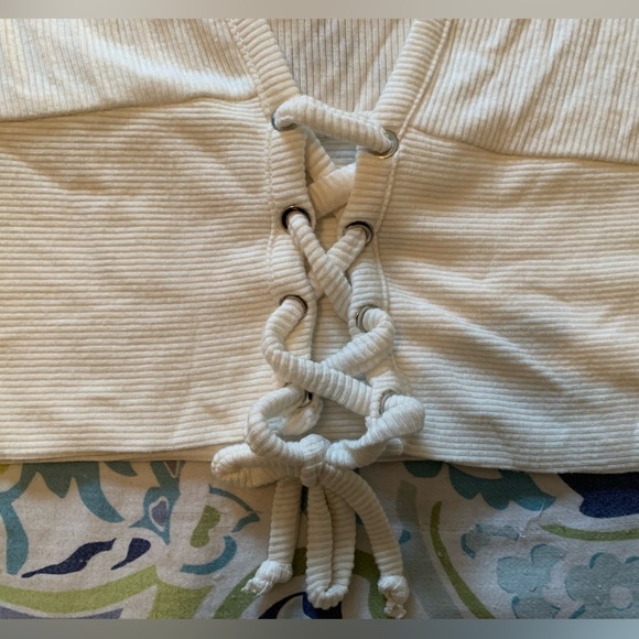 #22 Revamped Cream ribbed cropped top with bell sleeves.  Size L - Picture 3 of 5